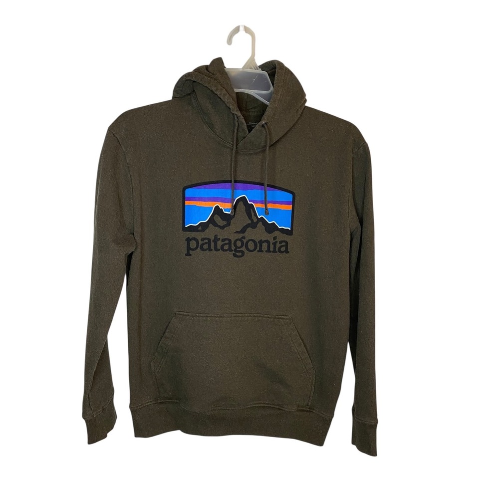 Patagonia Mens Uprisal Hoody Olive Green Fitz Roy Logo Hoodie Medium Regular Fit